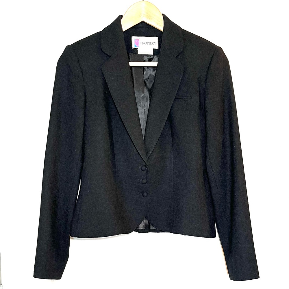VTG 80s Prophecy Black Pure New Wool Blazer Sz 4S Corporate Goth Office Chic